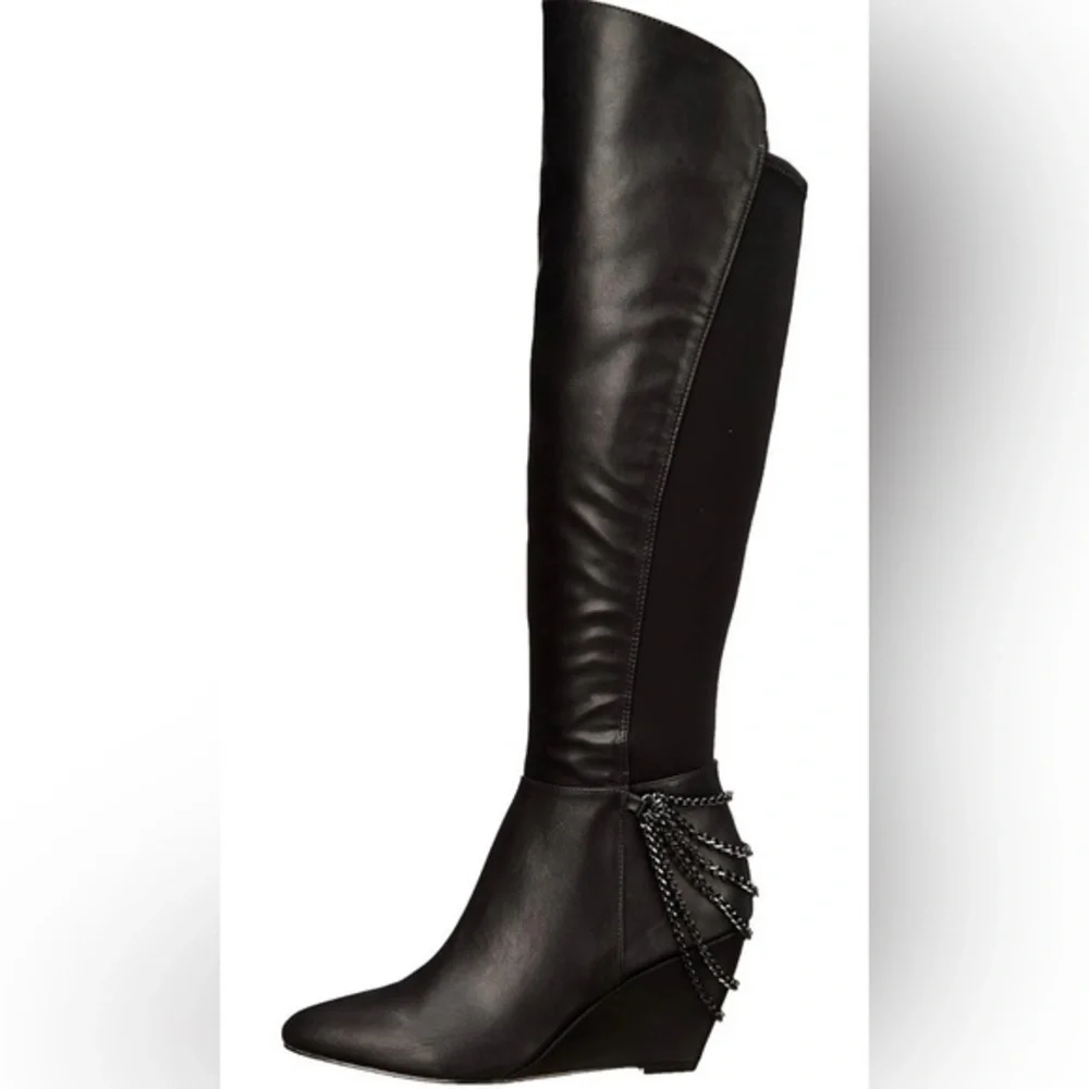 Fergie Samantha Black Chain-Detail Wedge Over-the-Knee Boots – Size 9M